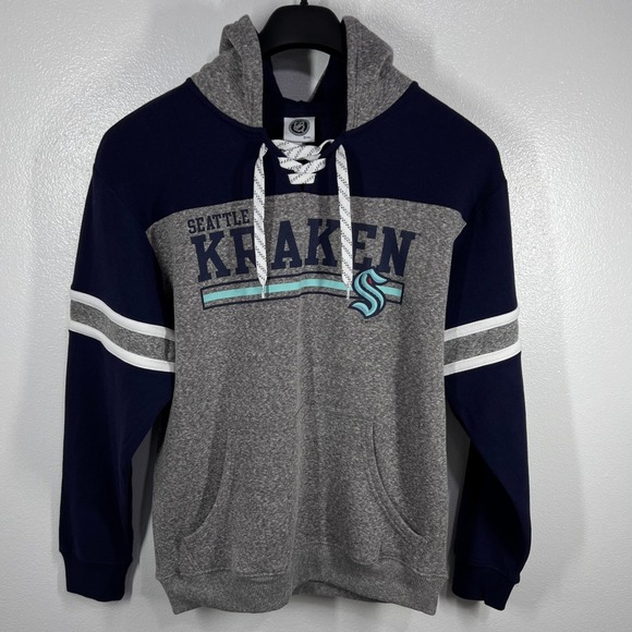 NHL Other - NHL Seattle‎ Kraken Hockey Lace Up Pullover Hoodie Striped Sleeves Medium Logo